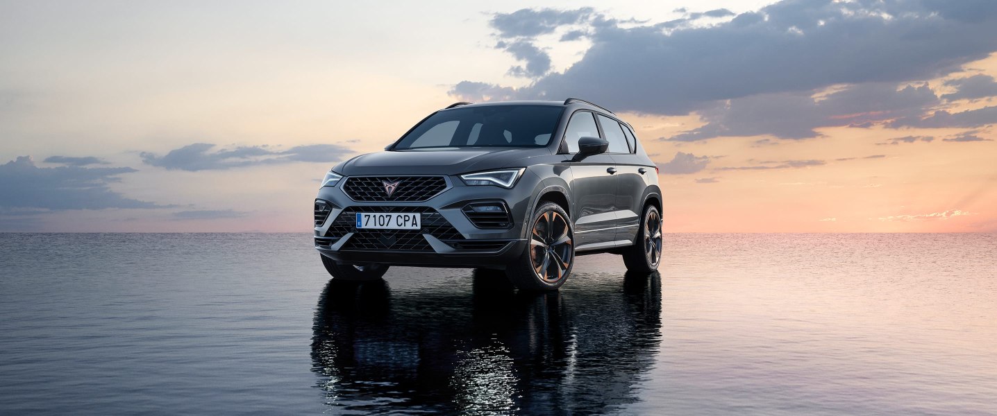 New CUPRA Ateca in Rhodium grey colour. Exterior front side view of the sporty SUV.