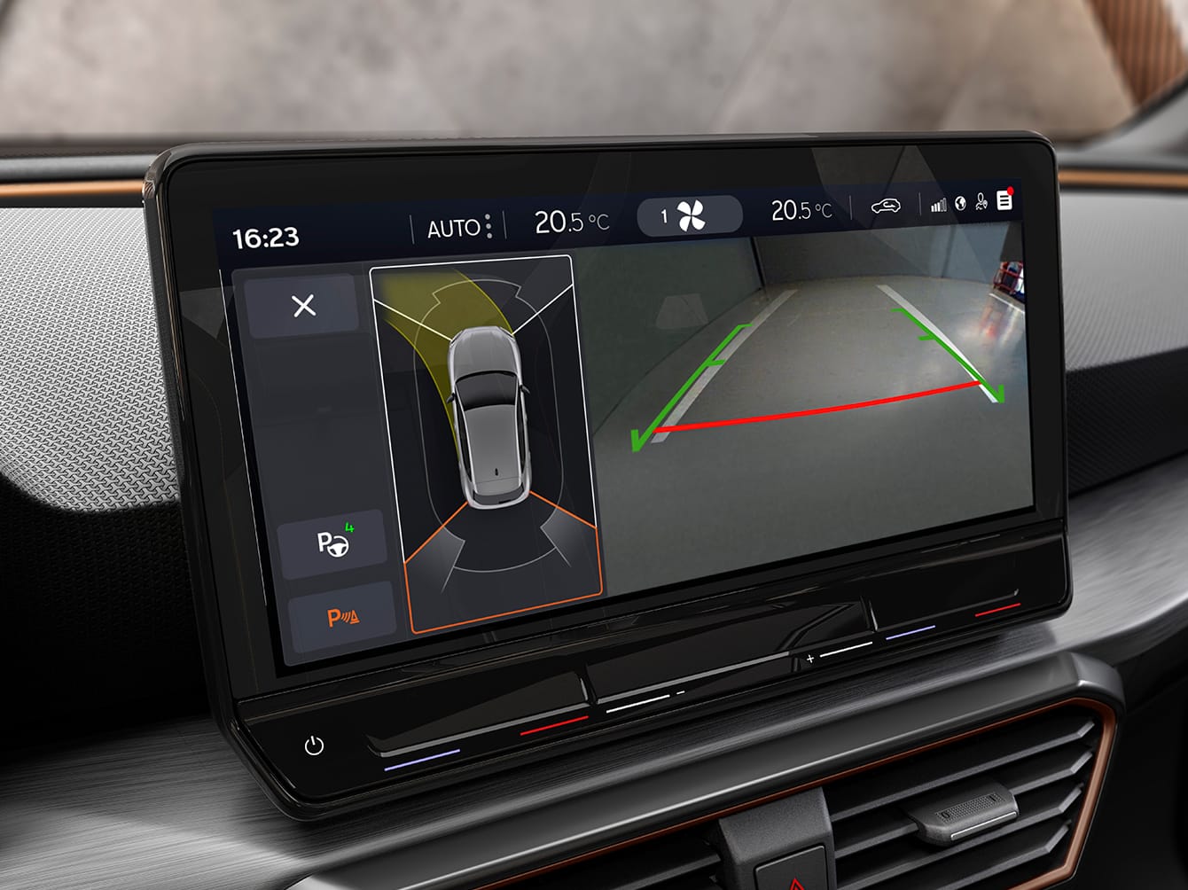 Autonomous parkinkg of the new CUPRA Leon five doors ehybrid compact sports Car interior view