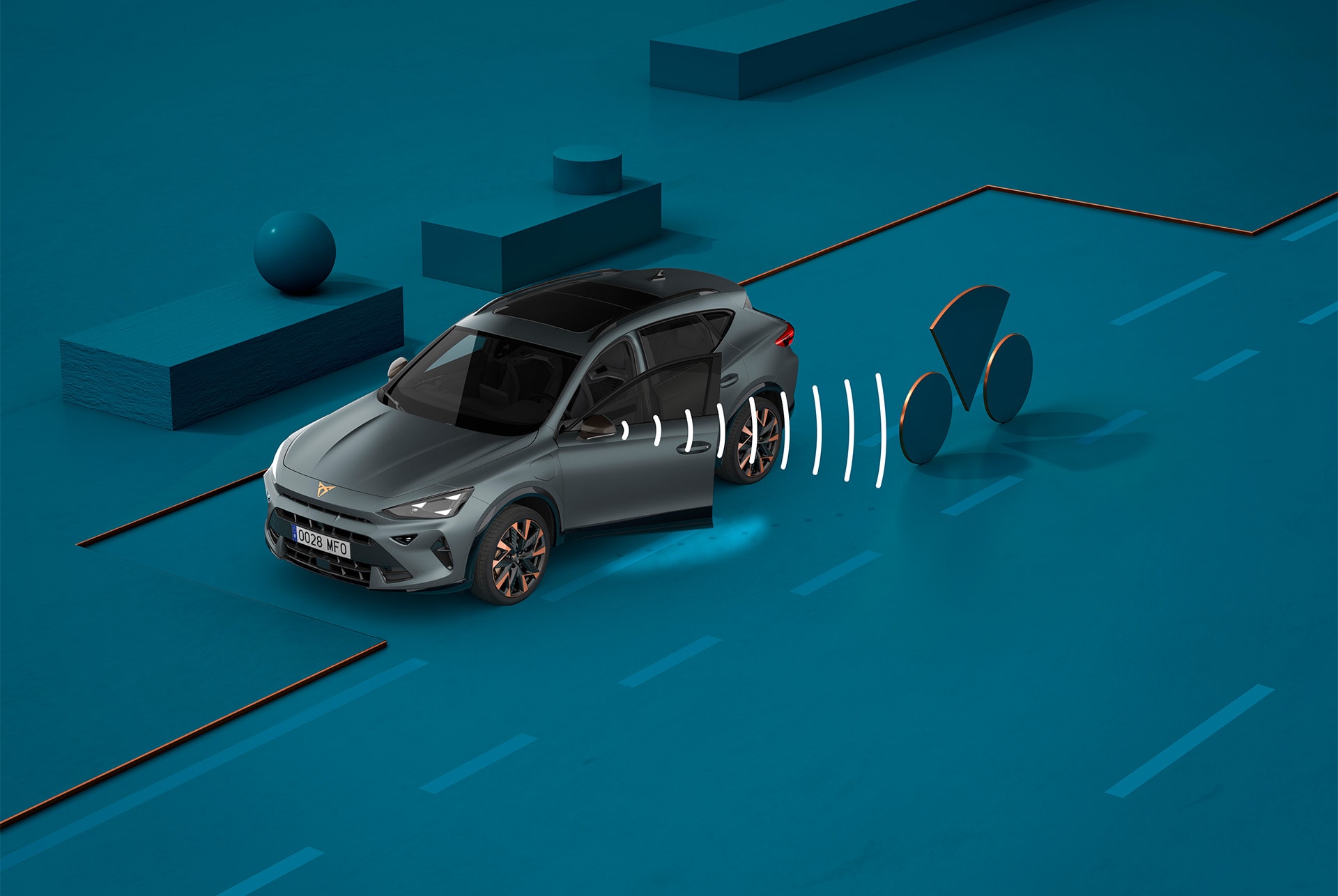 CUPRA Formentori autost väljumise hoiatussüsteemi tööd tutvustav pilt koos kujunditega sinisel taustal.