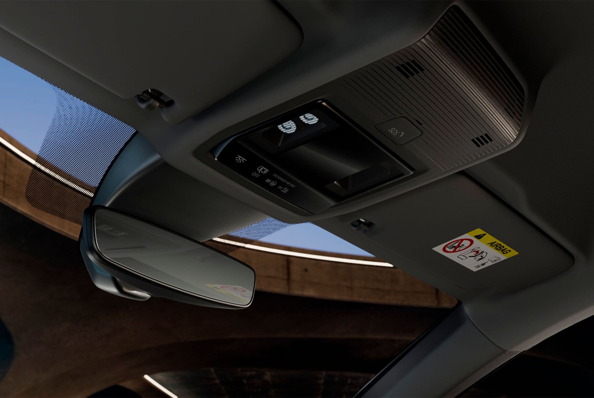 Uue CUPRA Formentori sisevaade, kus on näha laekonsool koos tahavaatepeegliga, salongi LED-tuled, erinevad juhtlülitid ning CUPRA sidelahendused, sh hädaabikõne SOS-lüliti.