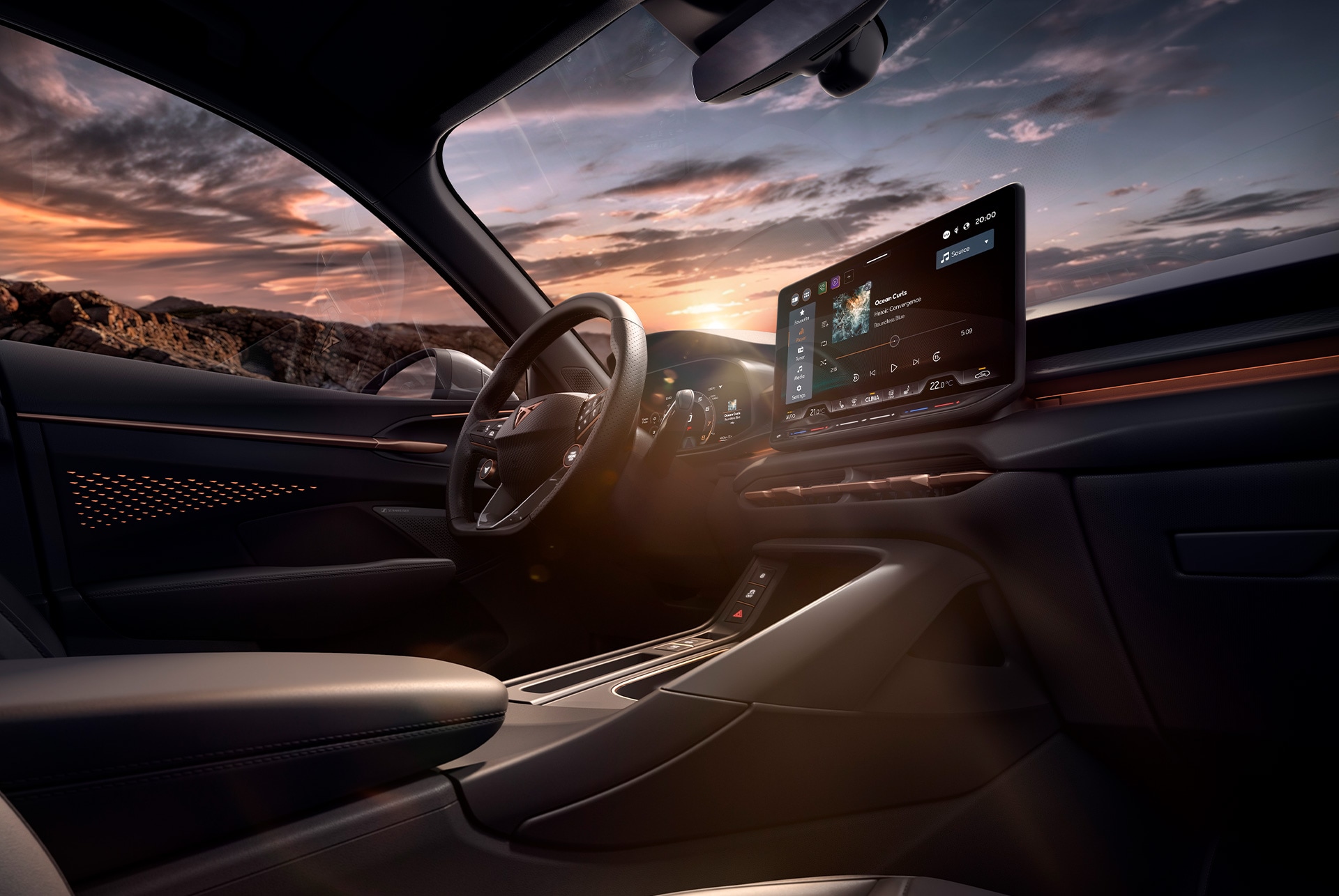 Uus CUPRA Terramar VZ sisekujunduspaketiga High Canyon, vaade 12,9-tollise ekraaniga info- ja meelelahutussüsteemile, armatuurlauale, lülitite ja hoobade ning soojendusega roolile.
